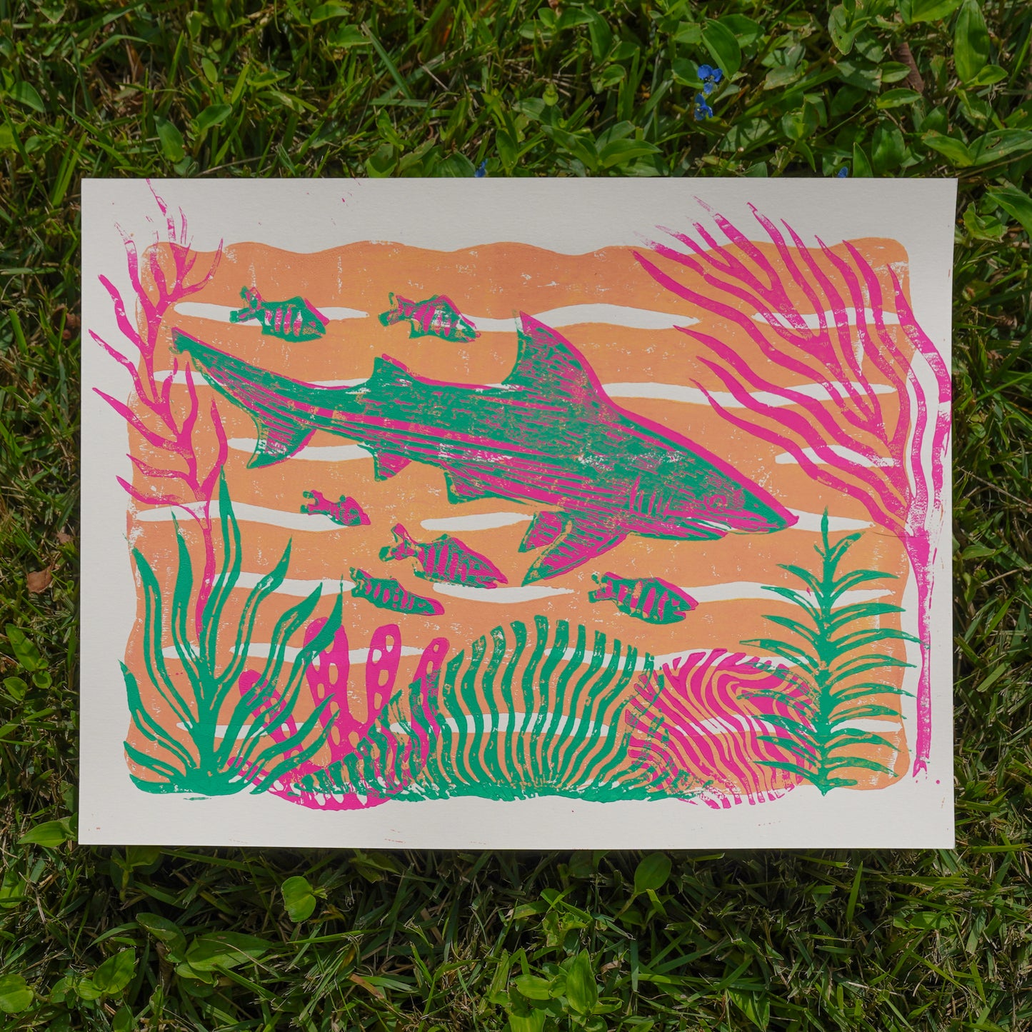 Shark Scene Lino Block Print